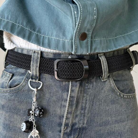 Y2K Black Grey Elastic Belt Silver Hardware Adjustable Unisex New - Picture 1 of 8